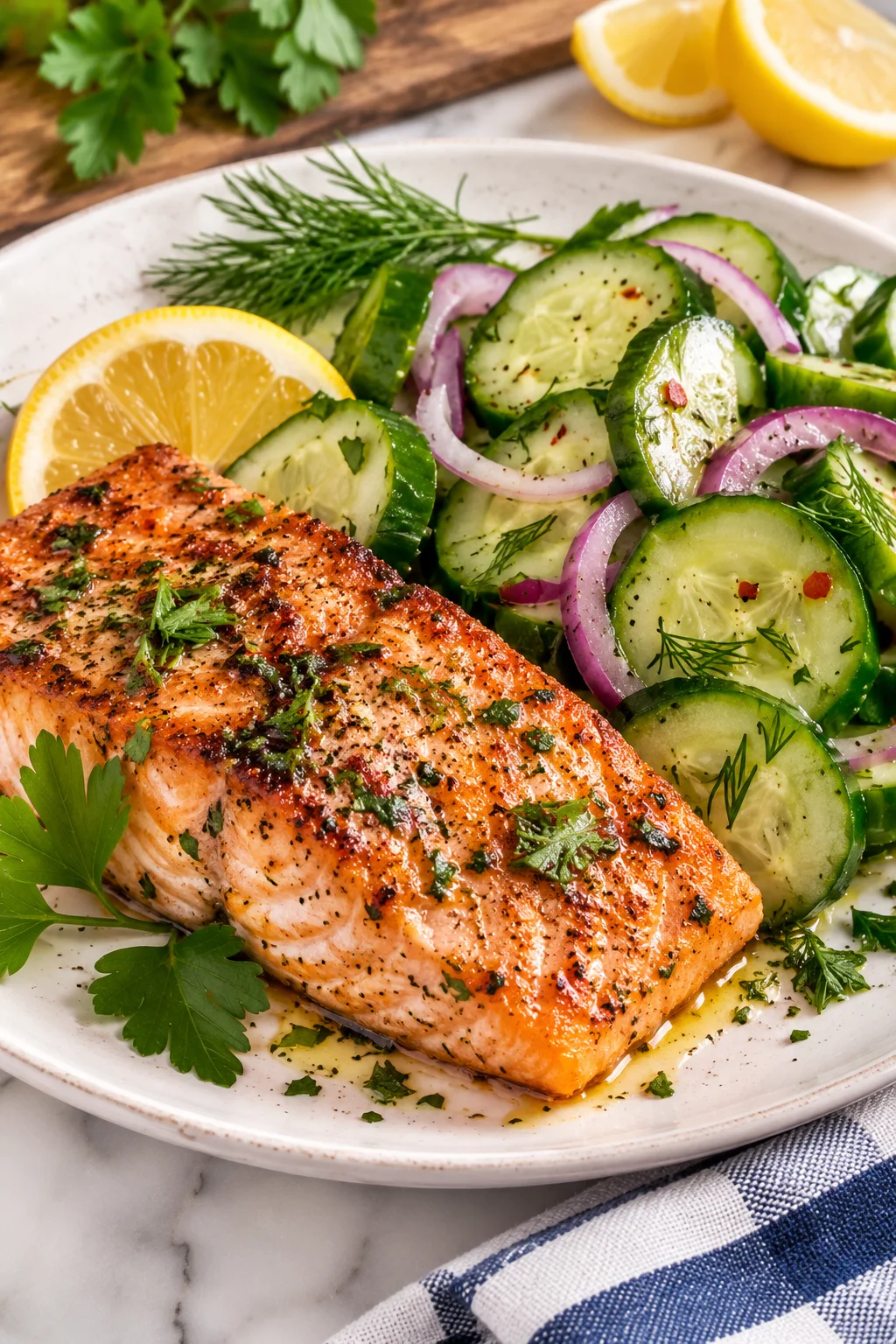 Salmon slices arranged with fresh cucumber rounds