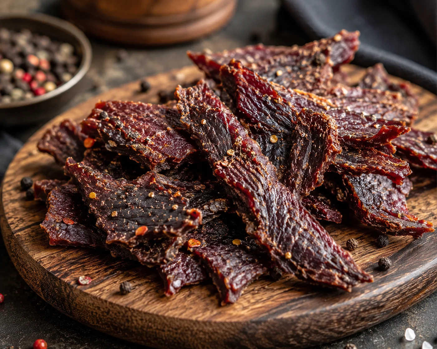 Beef jerky strips with fresh fruit on the side