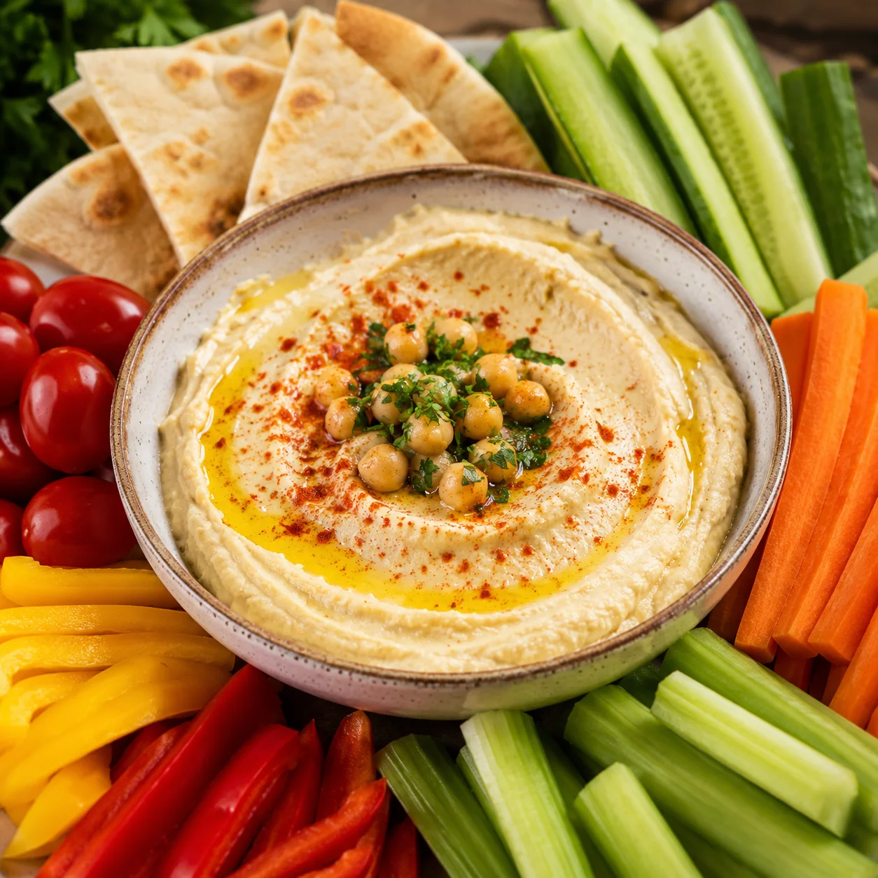 Hummus with fresh sliced vegetables for dipping