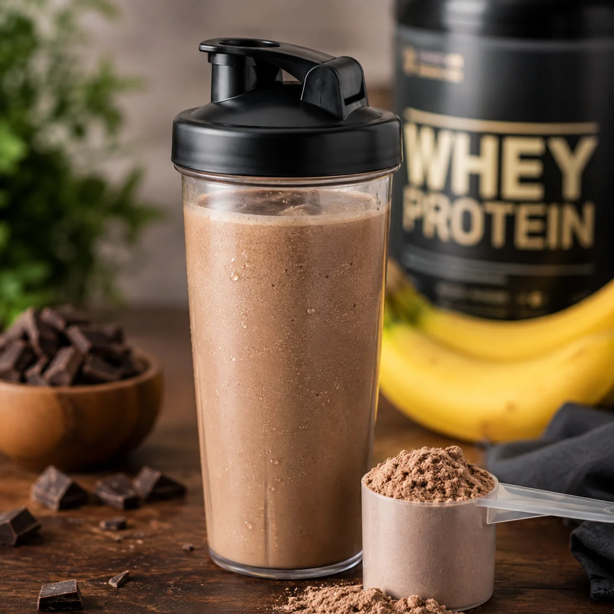 Protein shake being blended in a glass