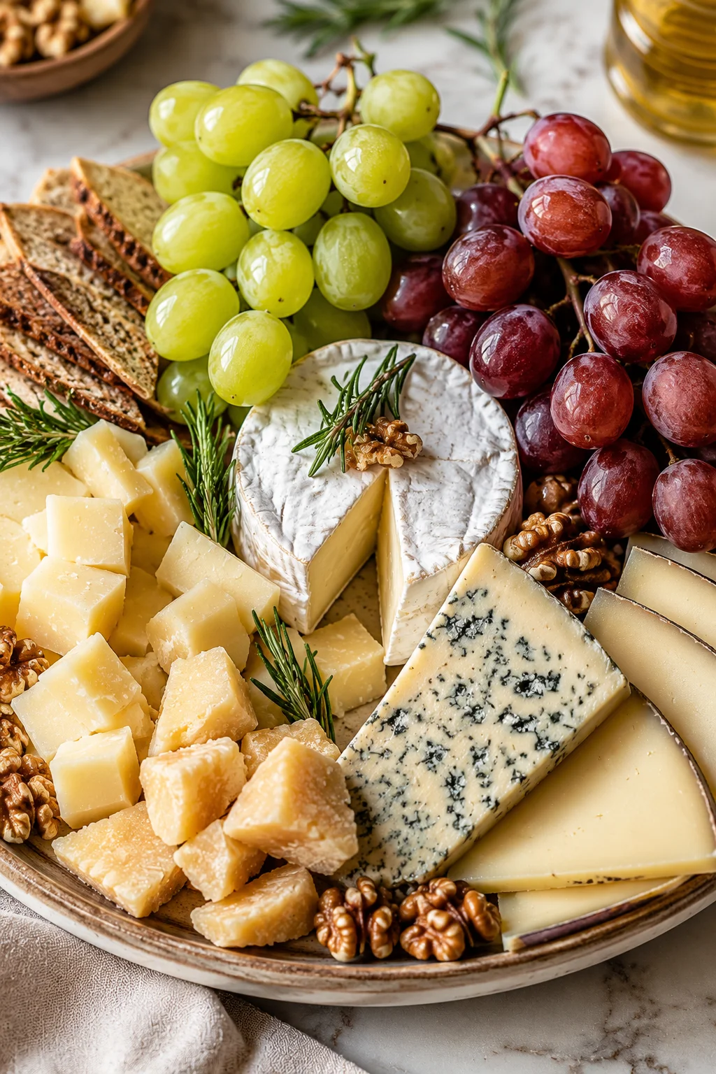 Cheese cubes served with fresh grapes