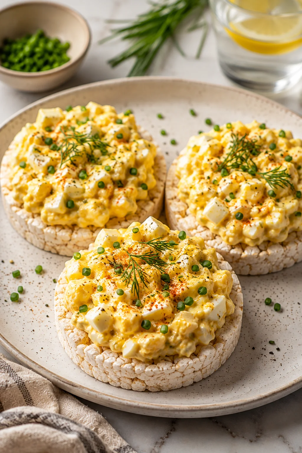 Egg salad spread over crunchy rice cakes
