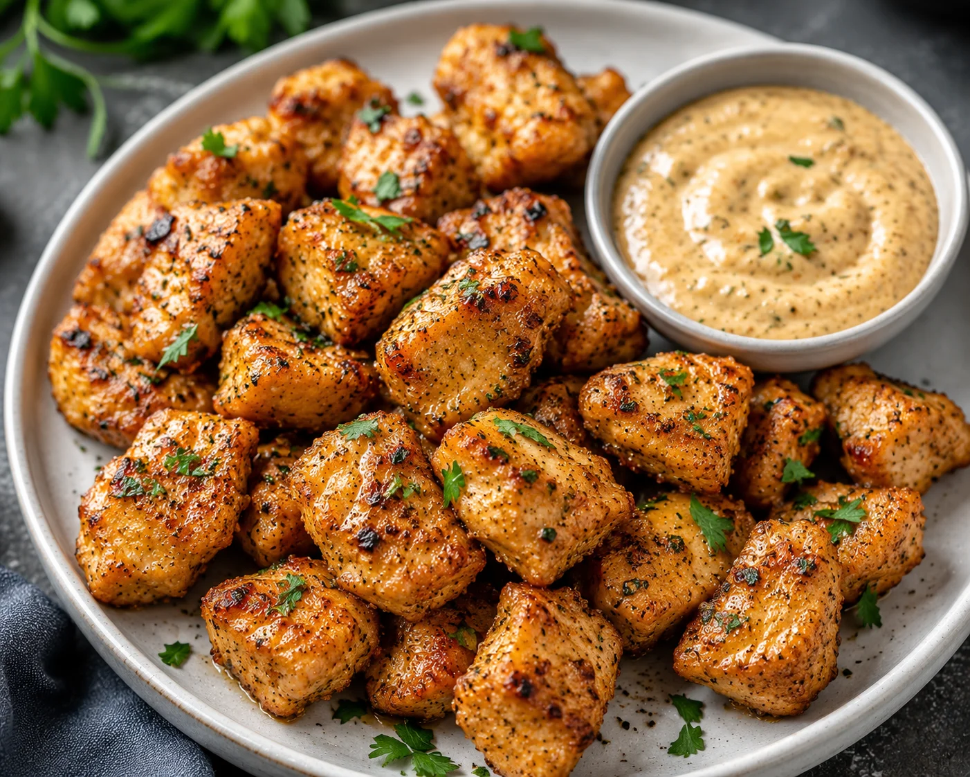 Sliced cooked chicken breast bites served with mustard